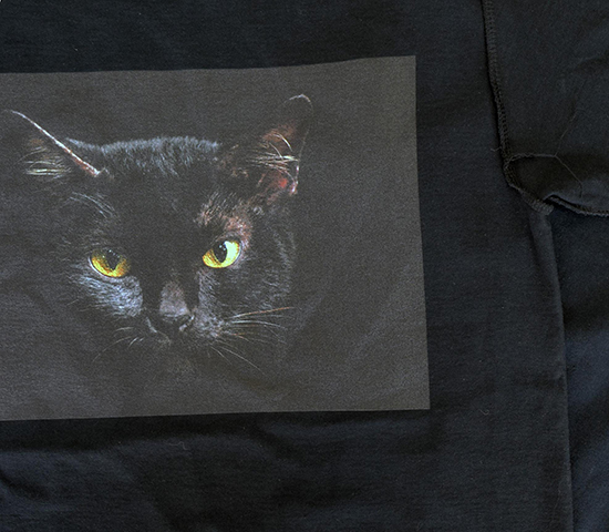 Black cat DTG print on black shirt without transparency