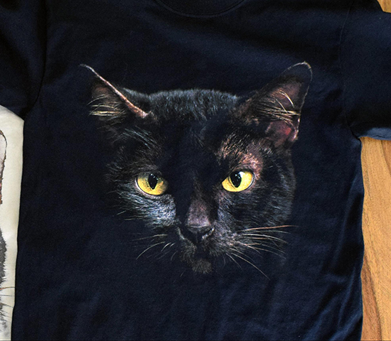 Black cat DTG print on black shirt with transparency