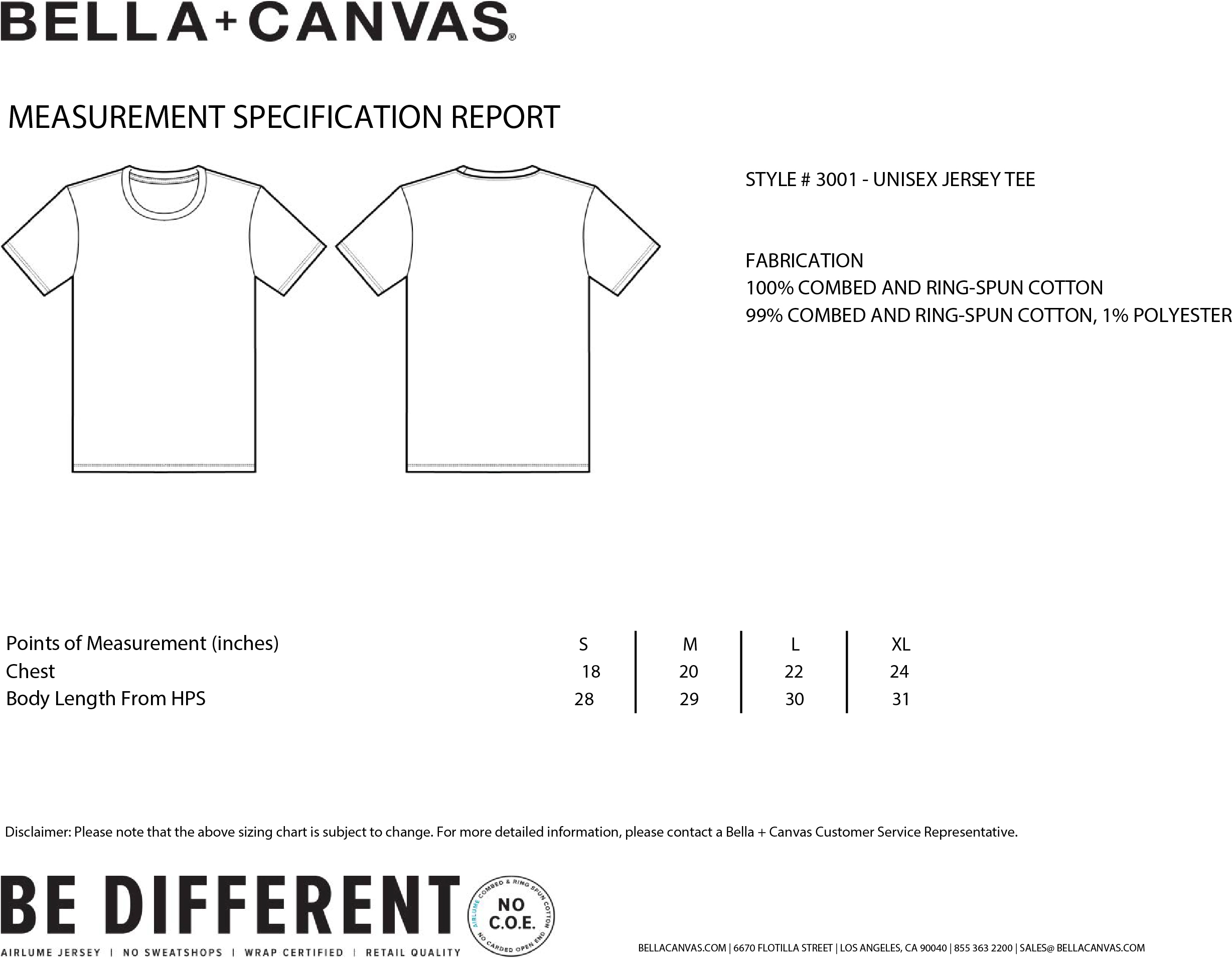 Bella Canvas t-shirt sizing guide