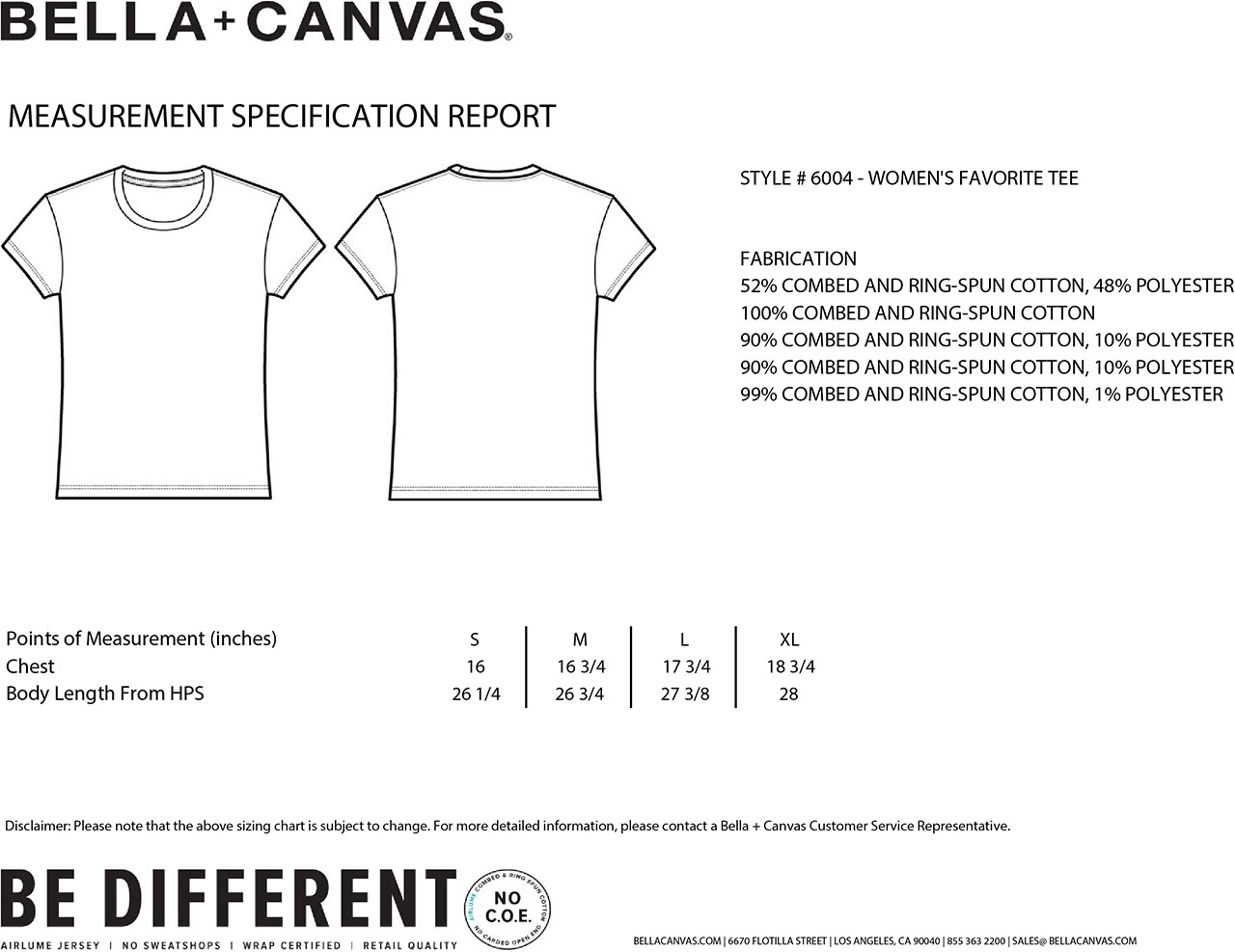 Bella Canvas t-shirt sizing guide