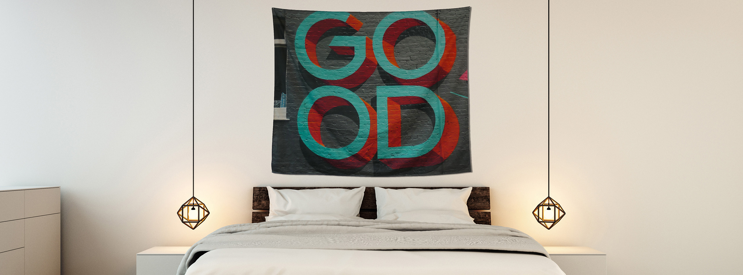 Custom printed cotton sateen wall tapestry hanged over a bed
