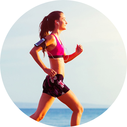 Picture of a girl running, wearing custom printed shorts