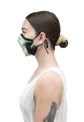 Side view of a woman wearing a face covering