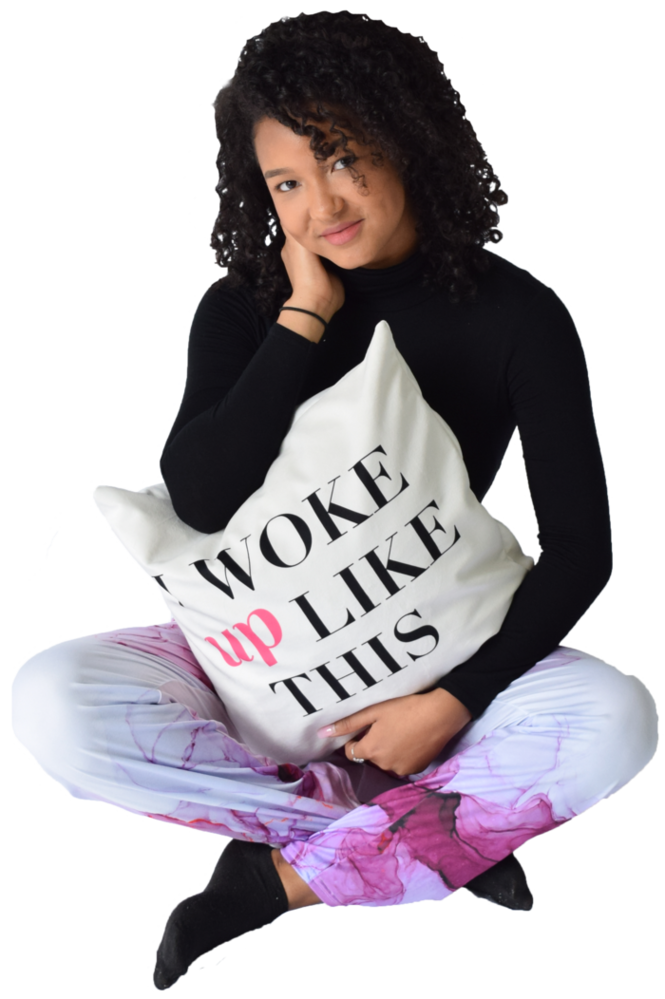 Picture of a girl with a custom printed Poly Canvas Pillow Case
